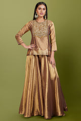 Brown and Golden Two Toned Zardosi Work Palazzo Suit in Tissue Shimmer