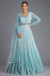 Blue Ombre Georgette Chinon Embroidered Anarkali Suit - red georgette saree embroidered
