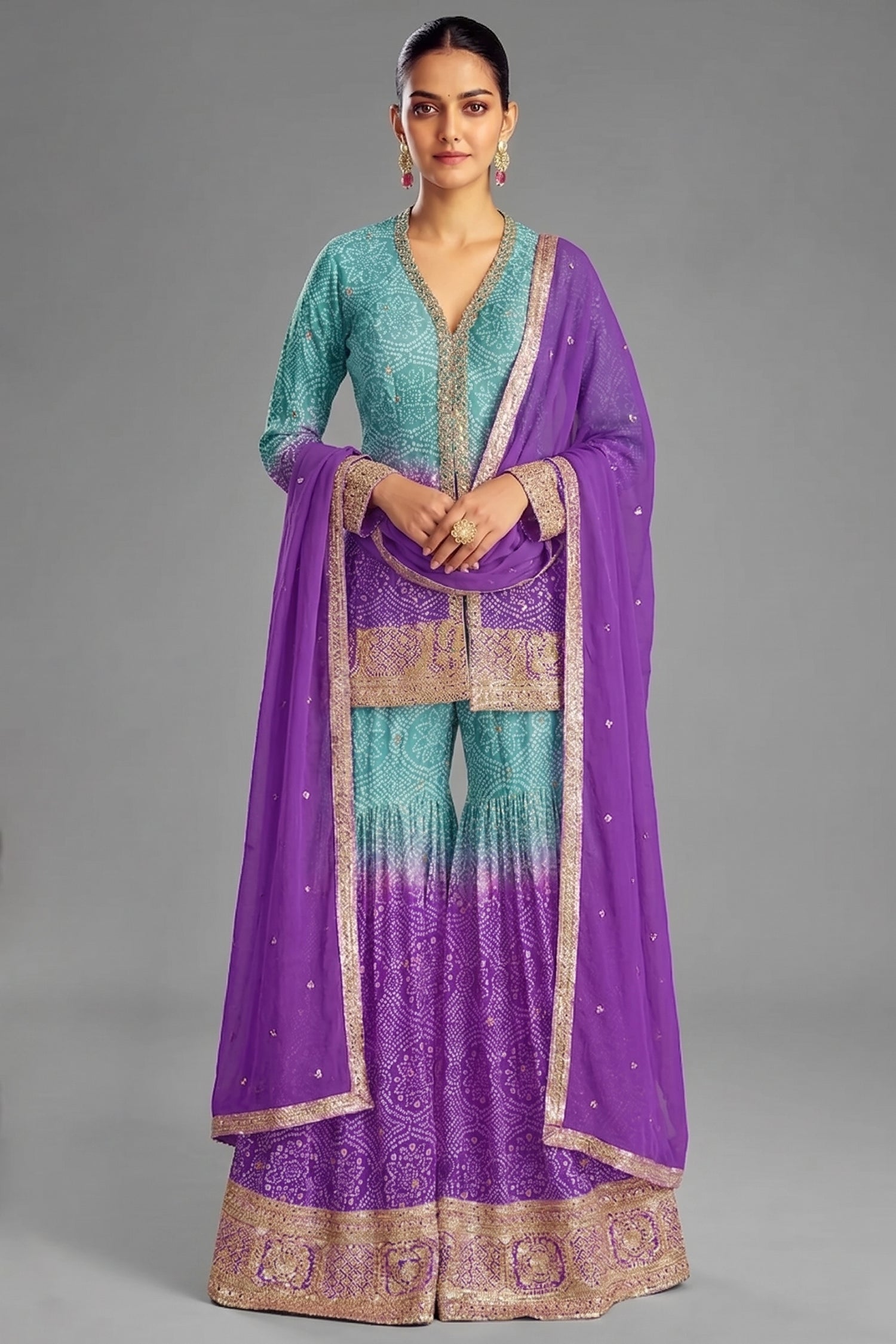 Ombre Chinon Bandhej Sharara Suit with Mirror and Sequins Work - saree bandhej