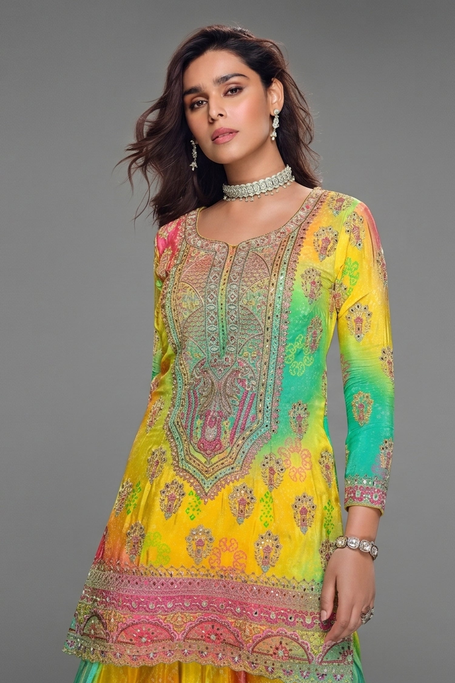 Yellow Chinon Silk Bandhej Embroidered Palazzo Suit - red silk saree bandhej