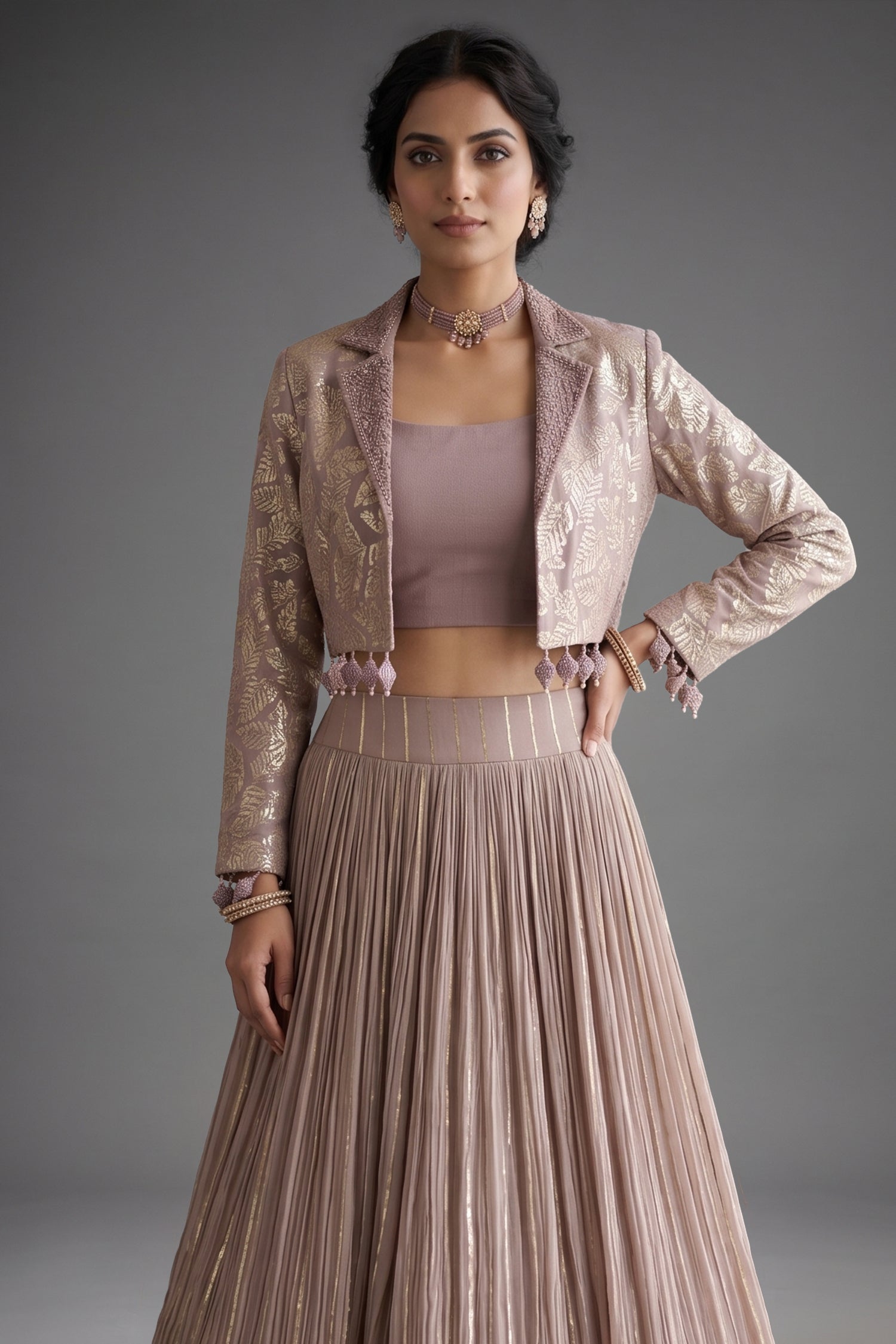 Rose Golden Georgette Sequin Embroidered Crop Top Jacket with Skirt - red georgette saree embroidered