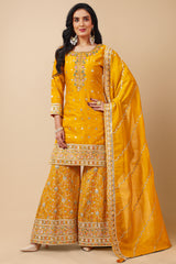 Yellow Tissue Embroidery and Sequin Palazzo Suit