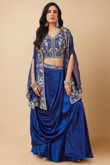 Blue Satin Crepe Silk Embroidered Crop Top with Pleated Skirt with Jacket