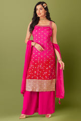 Fuchsia Pink Ombre Georgette Bandhej Printed Straight Cut Palazzo Suit with Sequin Work