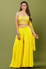 Bright Yellow Art Silk Embroidery and Mirror Worked Crop Top Palazzo with Sequin Choker Dupatta