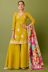 Yellow Chinon Floral Embroidered and Sequin Worked Palazzo Suit