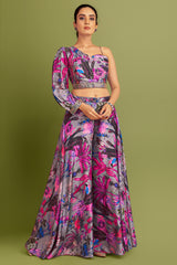 Grey Crepe Silk Floral Print Pleated Wrap One Shoulder Crop Top Palazzo Set