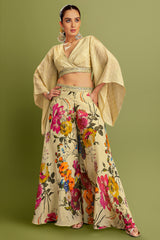 Beige Jacquard Chinon Pleated Wrap V Neckline Bell Sleeved Crop Top Palazzo Set