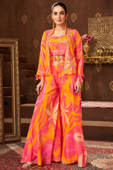 Pink and Orange Chinon Crepe Crop Top Palazzo with Jacket