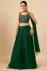 Green Georgette Sequin Cutdana Worked Crop Top with Pleated Skirt and Choker Dupatta