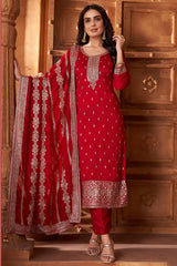 Red Chinon Sequin Worked Straight Cut Suit