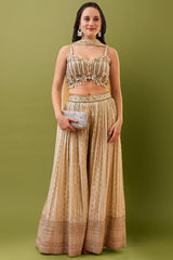 Beige Tissue Jacquard Cutdana Beaded Crop Top Palazzo Set with Choker Dupatta