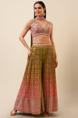 Pink Tissue Jacquard Beaded Crop Top Palazzo Set with Choker Dupatta
