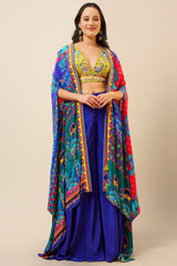 Yellow Crepe Silk Deep Scallop V Neckline Handwork Crop Top Palazzo with Jacket