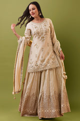 Beige Dola Silk Beaded and Gota Work Palazzo Suit
