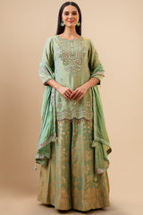 Green Dola Silk Sequin Beaded Scallop Bordered Palazzo Suit