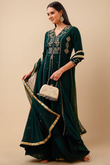 Dark Green Crepe Silk High Slit Beaded Palazzo Suit