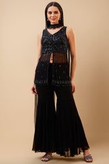 Black Georgette Sequin Beaded Slit Cut Sharara Suit