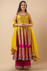 Yellow and Pink Dola Silk Woven Anarkali Suit