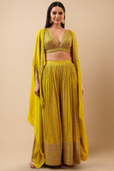 Yellow Tissue Jacquard Deep V Neck Mirror Beaded Crop Top Palazzo Set with Long Shrug