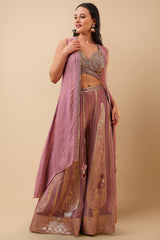 Mauve Georgette Handwork Crop Top Palazzo with Jacket