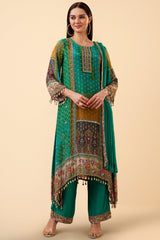 Teal Green Crepe Silk Printed Suit Along with Shell Embellishment