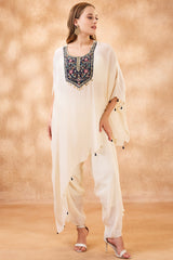 Off White Crepe Silk Asymmetric Sequin Embellishment U Neck Co-Ord Set