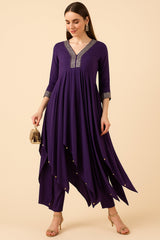 Violet Purple Sequin Worked Asymmetric V Neck Co-Ord Set