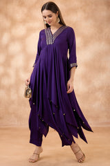 Violet Purple Sequin Worked Asymmetric V Neck Co-Ord Set