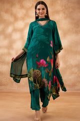 Green Crepe Silk Straight Cut Floral Printed Suit
