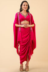 Pink Silk V Neck Crop Top with Tulip Hemline Ruched Draped Skirt and Shrug