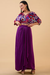 Deep Violet Purple Crepe Silk Floral Printed Crop Top with Pleated Draped Skirt