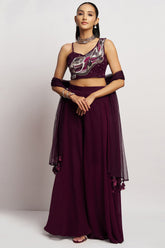 Wine Purple Georgette Sequin and Cutdana Work Crop Top Palazzo Set