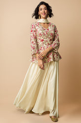 Cream Chinon Embroidered Peplum Palazzo Suit - red saree embroidered