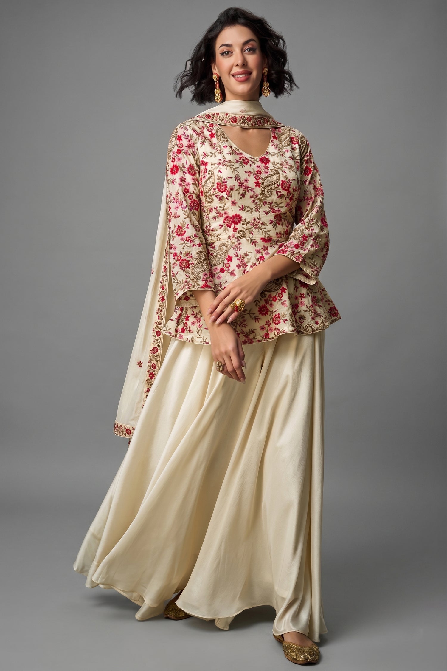 Cream Chinon Embroidered Peplum Palazzo Suit - red saree embroidered
