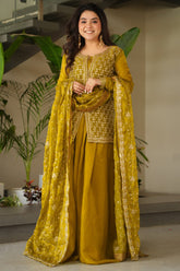 Olive Green Organza Silk Cutdana and Sequin Worked Palazzo Suit