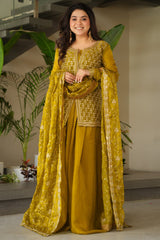 Olive Green Organza Silk Cutdana and Sequin Worked Palazzo Suit