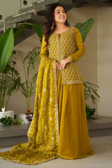 Olive Green Organza Silk Cutdana and Sequin Worked Palazzo Suit