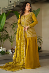 Olive Green Organza Silk Cutdana and Sequin Worked Palazzo Suit