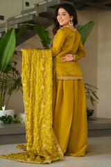 Olive Green Organza Silk Cutdana and Sequin Worked Palazzo Suit