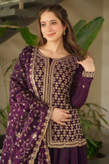 Purple Organza Silk Cutdana and Sequin Worked Palazzo Suit