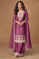 Mauve Chinon Sequin Embroidered Palazzo Suit