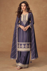 Blue Chinon Sequin Embroidered Palazzo Suit