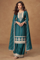 Teal Green Chinon Sequin Embroidered Palazzo Suit