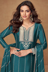 Teal Green Chinon Sequin Embroidered Palazzo Suit