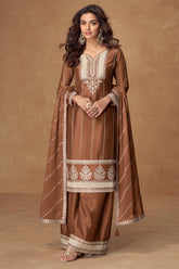 Brown Chinon Sequin Embroidered Palazzo Suit