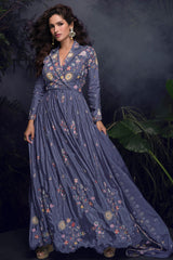 Purple Chinon Floral Embroidered Notched Lapel Neckline Anarkali Suit