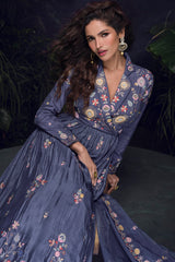 Purple Chinon Floral Embroidered Notched Lapel Neckline Anarkali Suit