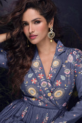 Purple Chinon Floral Embroidered Notched Lapel Neckline Anarkali Suit