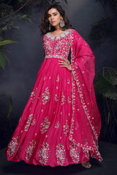 Pink Chinon Thread Embroidered Bodice Anarkali Suit - red saree embroidered